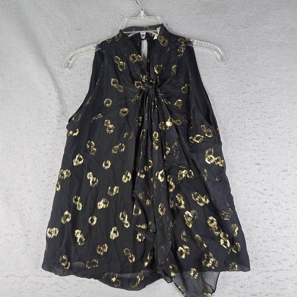 Diane Von Furstenberg Blouse Womens 6 Black Gold Animal Print High Neck Sheer